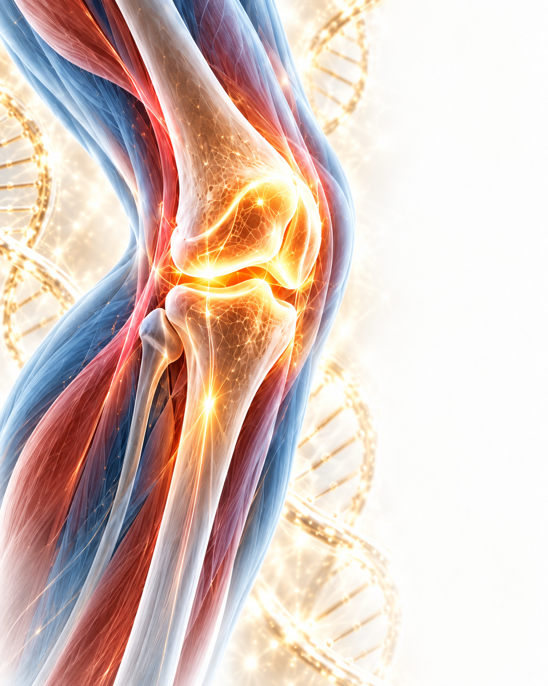 Illustrative knee anatomy showing bones, cartilage, muscles and connective tissues