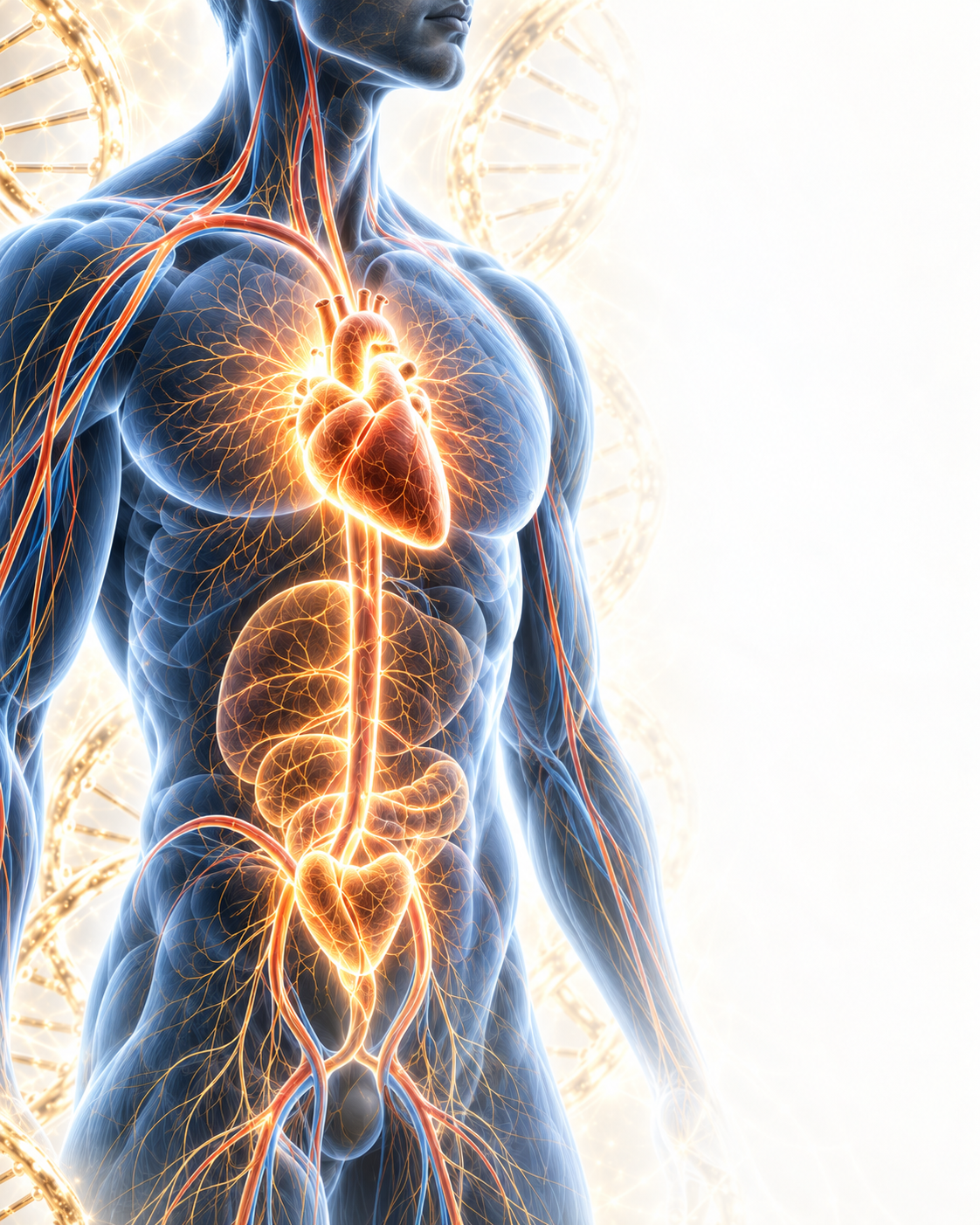 Illustrative male torso with the heart, blood vessels and abdominal organs highlighted in gold