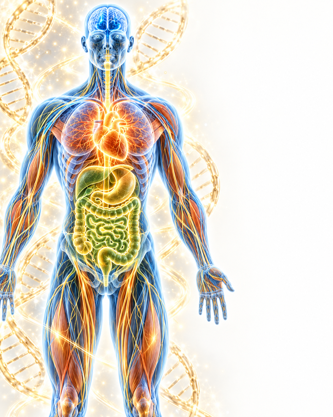 Whole-body anatomical illustration with blue nervous, orange cardiovascular and green digestive highlights